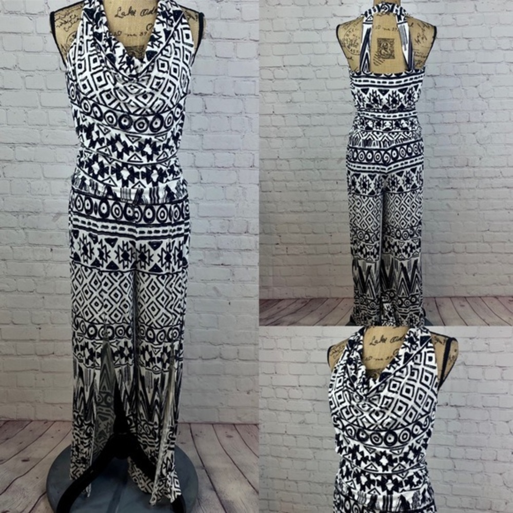 CATO Black/white Print Cowl Neck Ruch Waist Open Back Split Legs Jumpsuit